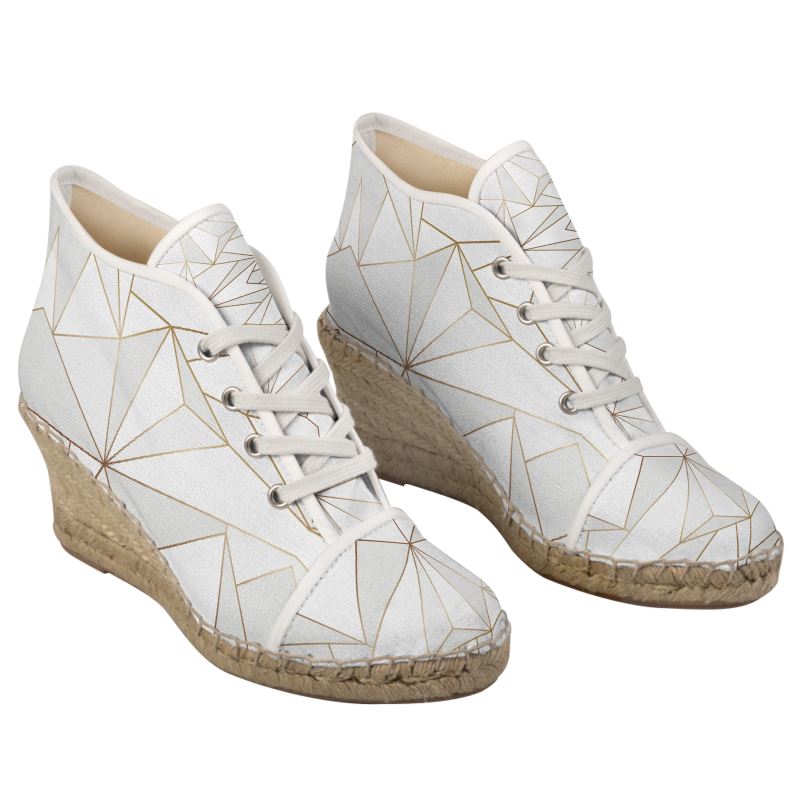 Abstract White Polygon with Gold Line Ladies Wedge Espadrilles by The Photo Access
