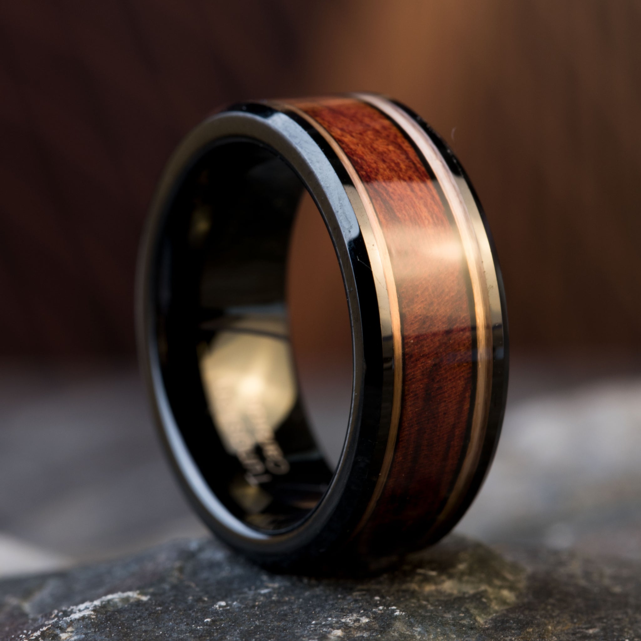 THE REGENT | Tungsten Ring With Ironwood & Rose Gold Trim | Saga Bands