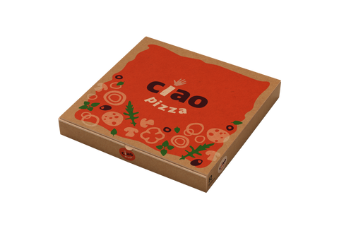 Bedrukte kartonnen pizzadoos met een ontwerp waarop een oranje achtergrond, de tekst ‘ciao pizza’ en illustraties van ingrediënten zijn weergegeven.