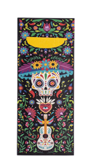 Bestekzakje met daarop een uitgebreide, kleurrijke illustratie in ‘Dia de los Muertos’ stijl, inclusief gele tissue servet.