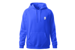 Blauer Kapuzenpulli mit einem 'B' auf der linken Brust in Anlehnung an das The Branding Club Logo.