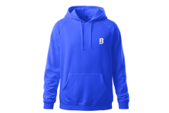 Blauwe hoodie met op de linkerborst een ‘B’ in de stijl van het The Branding Club logo.