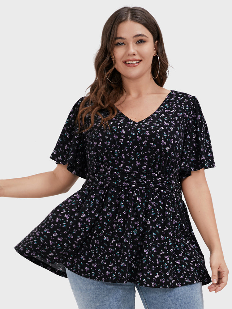 Ditsy Floral Ruched Ruffles V Neck T-shirt