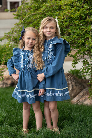 Blue Embroidered Ruffle Dress - Sunshine Savvy Children's Boutique