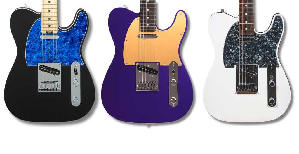 Black telecaster with blue pearl pickguard, Purple telecaster with gold pickguard, white telecaster with black pearl pickguard