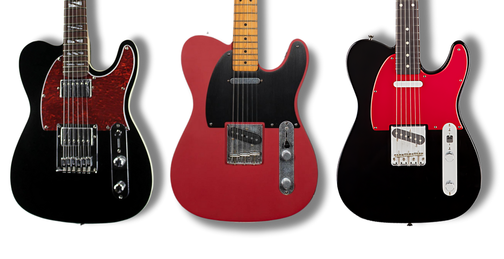 black tele with red tortoise pickguard, red tele with black pickguard, black tele with red pickguard