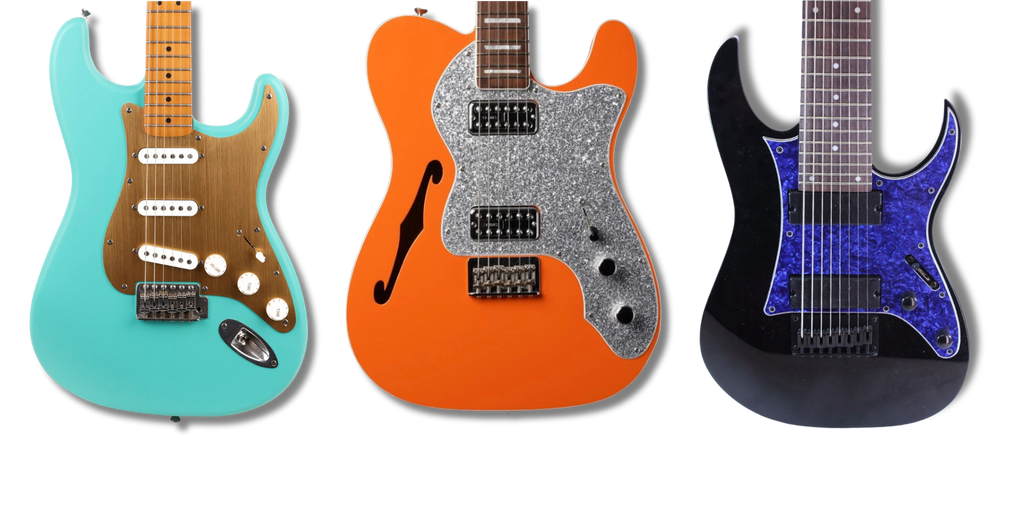green strat with gold pickguard, orange tele with parchment pearl pickguard, black ibanez with blue pickguard