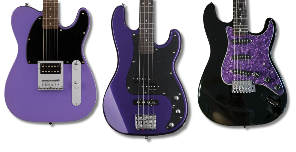 purple telecaster with black pickguard, purple precision bass with black pickguard, black strat with purple pearl pickguard