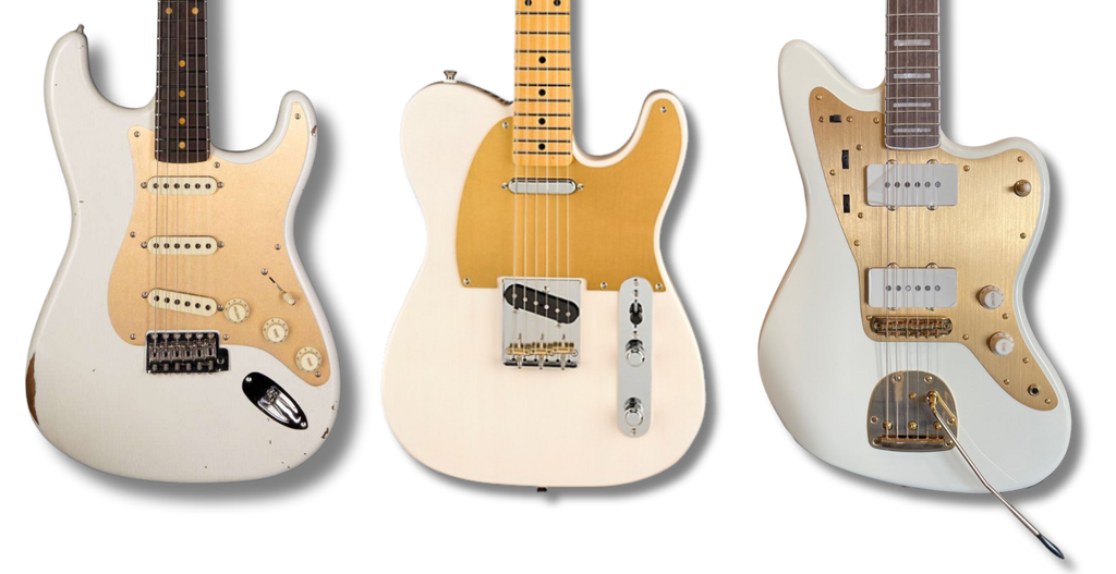 White guitars with gold pickguards