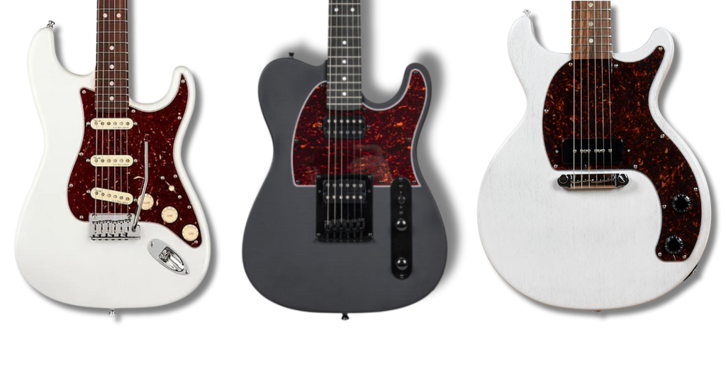 white strat with red tortoise pickguard, gray tele with tortoise pickguard, white gibson with red tortoise pickguard