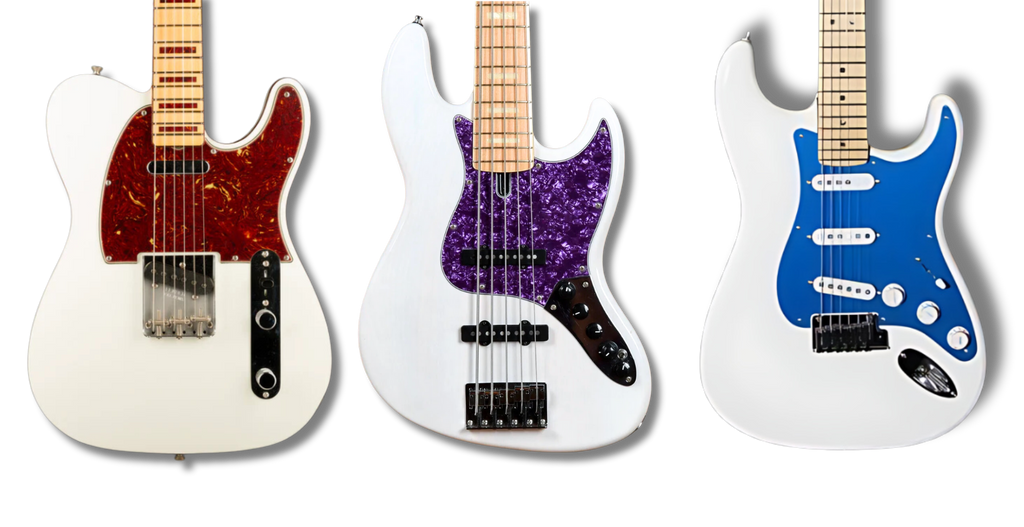 white telecaster with red tortoise pickguard, jazz bass with purple pearl pickguard, white strat with blue pickguard