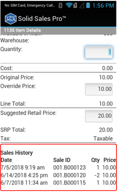 1135 Item Details screen with Sales History