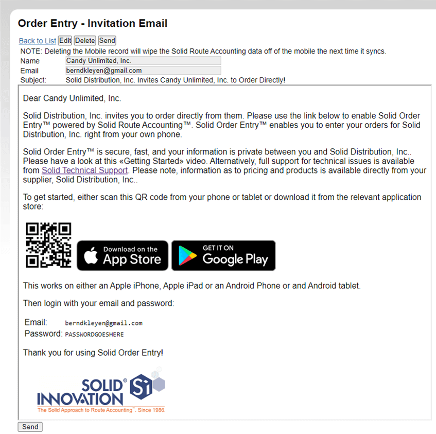 Order Entry - Invitation Email Screen