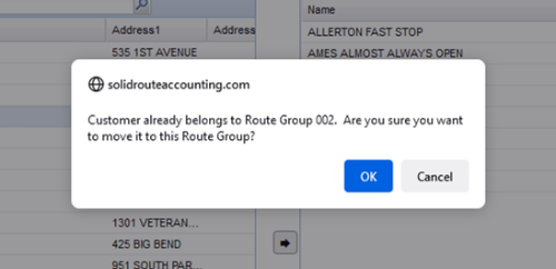 Customer Route Group - Warning pop up