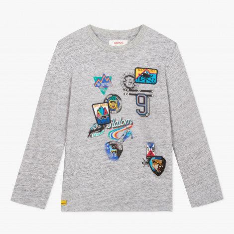 Catimini Boy Grey Mottled T-shirt with Badges and Emblems - Free ...