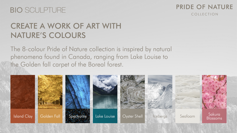Eight colors of Pride of Nature Collection as inspired by Canadian natural phenomena.