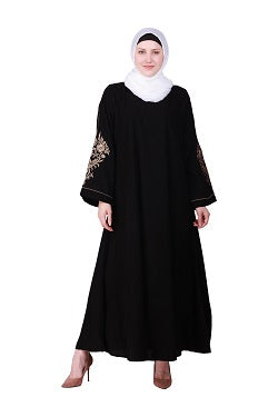 Beautiful Self Design Black Sleeve Embroidery Aline Crepe Abaya or Burqa With Hijab for Women & Girls_00852