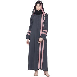 Beautiful Self Design Dark Grey Front Open With Straight Pink Patti Crepe Abaya or Burqa With Hijab for Women & Girls