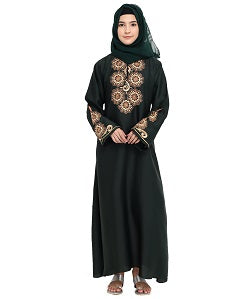 Beautiful Self Design Green Art Silk Abaya With Hijab