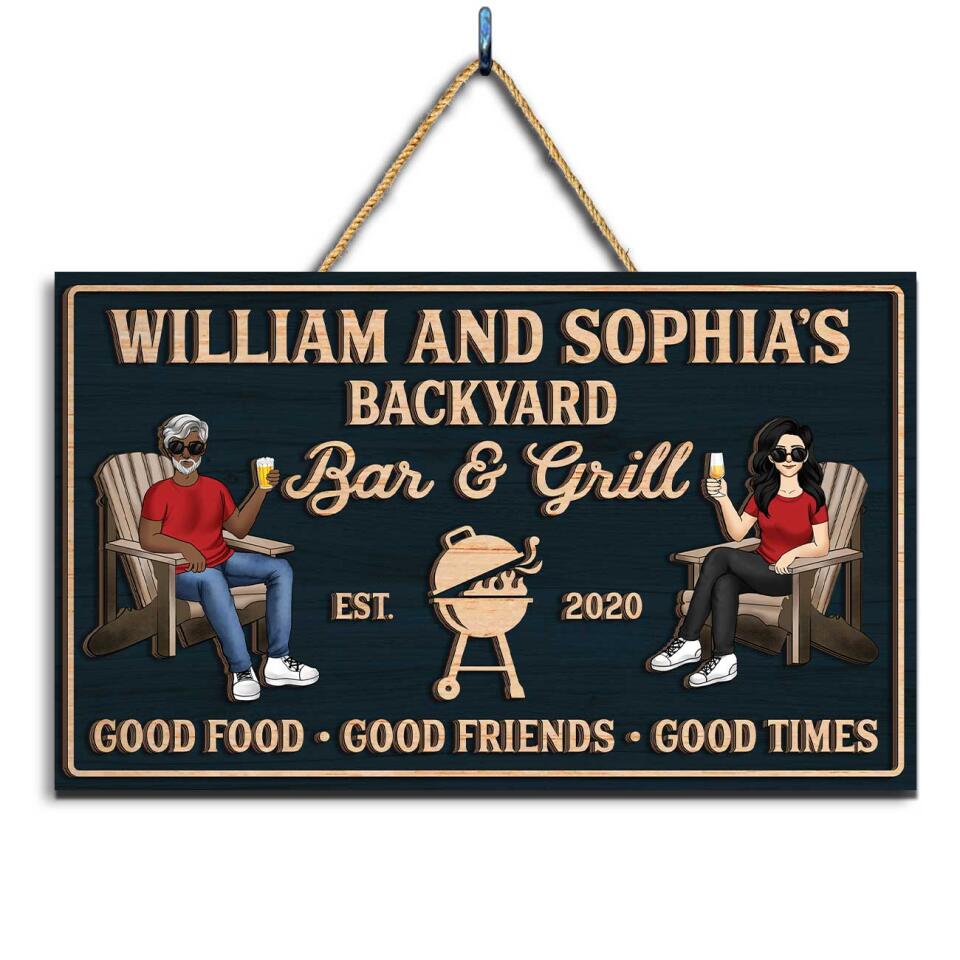 Backyard Bar & Grill - Good Food, Good Friends, Good Time, Custom 2 Layer Wooden Door Sign, Rectangle Shape
