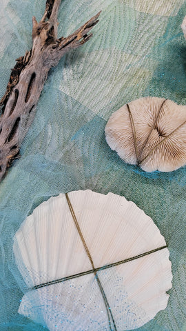 Framed art quilt with soft shades of green in the background with embellishments of scallop shell, coral and dried cholla cactus.