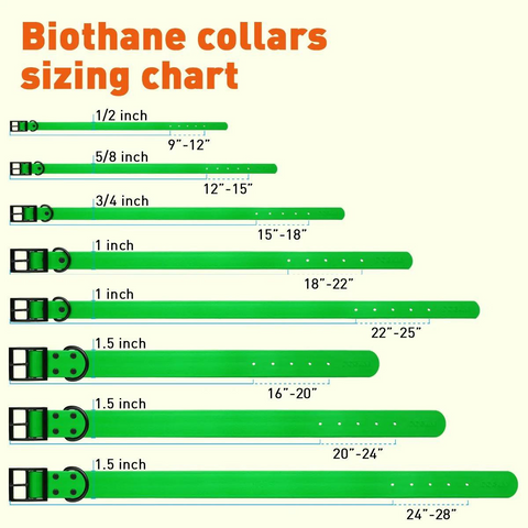 chart showing sizes for dogline brand biothane collars
