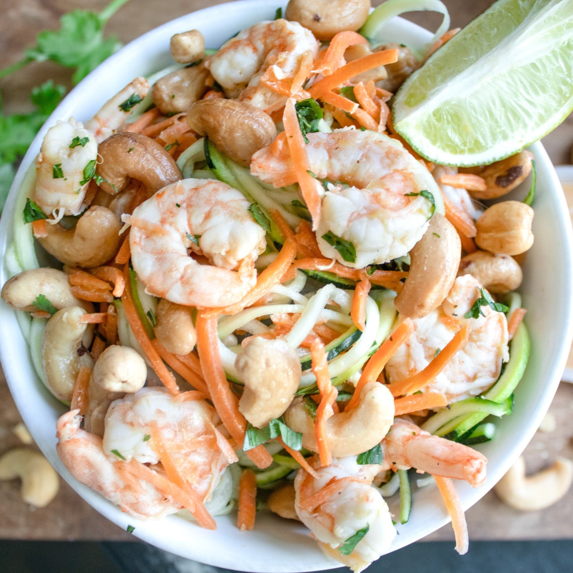 Garlic Lime Cashew Zoodles with Shrimp or Tofu
