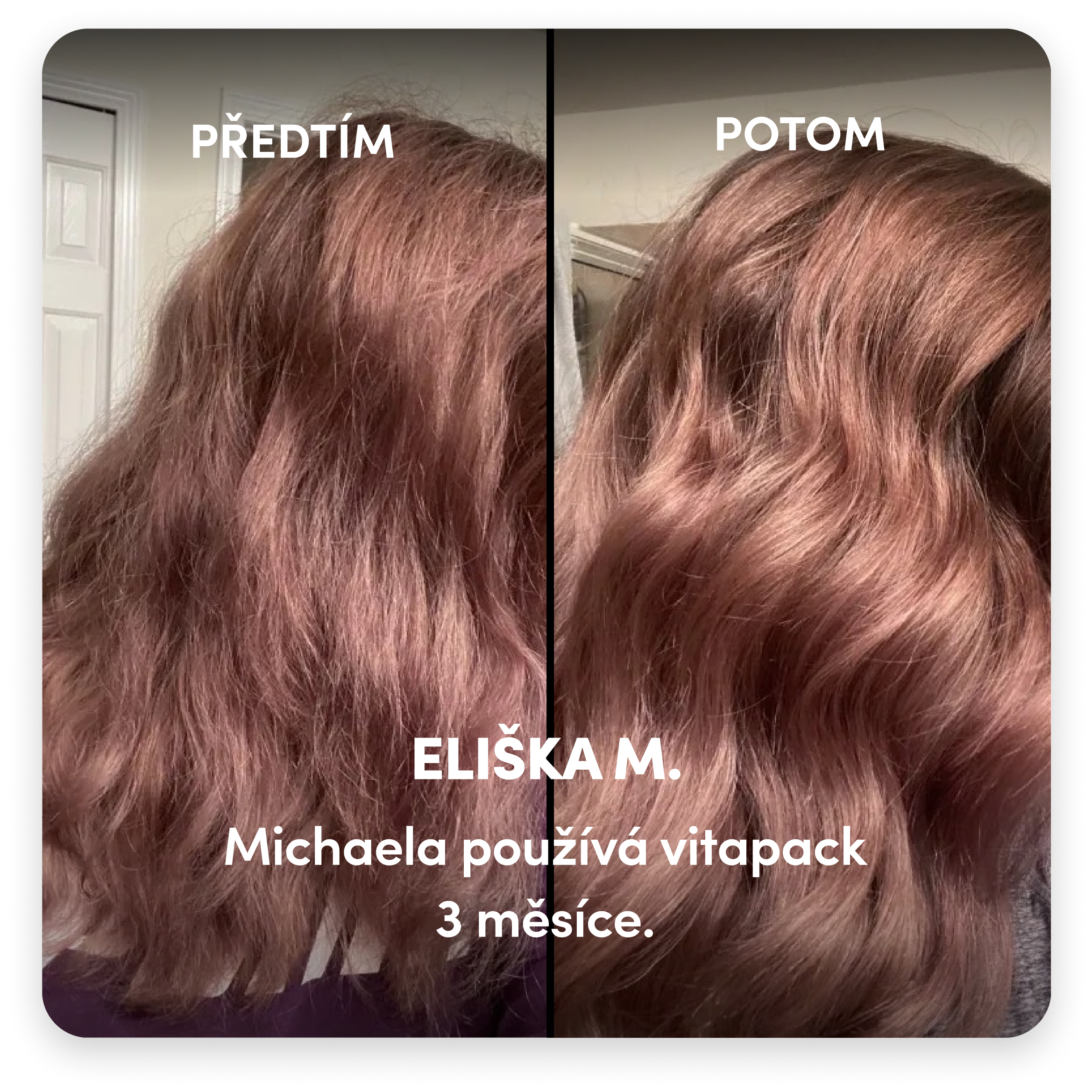 Comparison of wavy brown hair before and after using a product for three months.