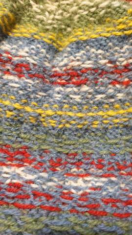 why I knit. Intarsia knitting showing the back of the project, with all the strands of yarn in different colours interlapping
