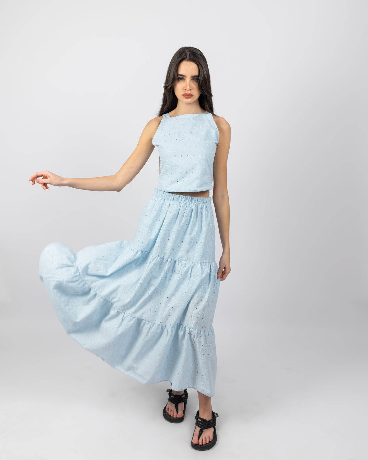 Broderie Anglaise Top + Long Skirt Set For Women - Blue