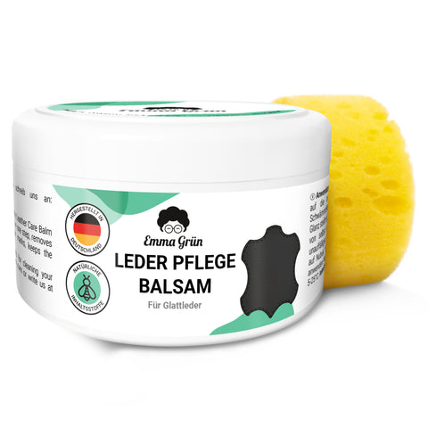 Lederpflegebalsam von Emma Grün mit gelbem Schwamm