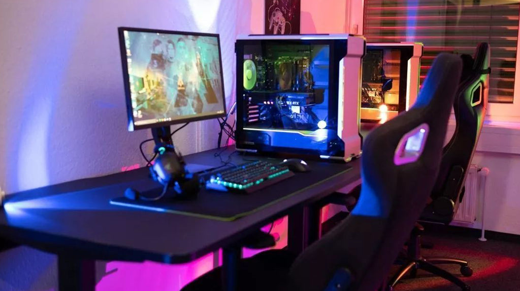 Vibrant gaming desk setup with RGB lighting in a Singapore home.