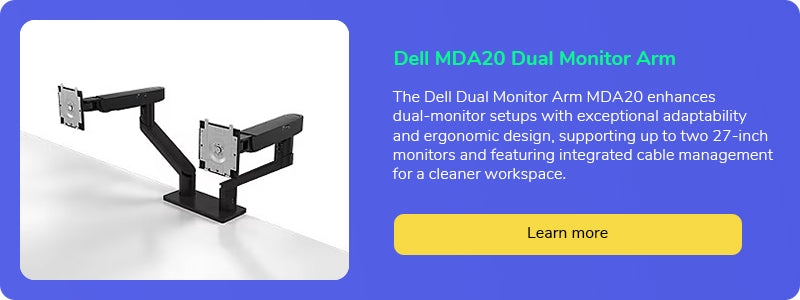 Dell MDA20 Dual Monitor Arm feature for enhancing dual-monitor setups with adaptability and cable management for clean workspaces.