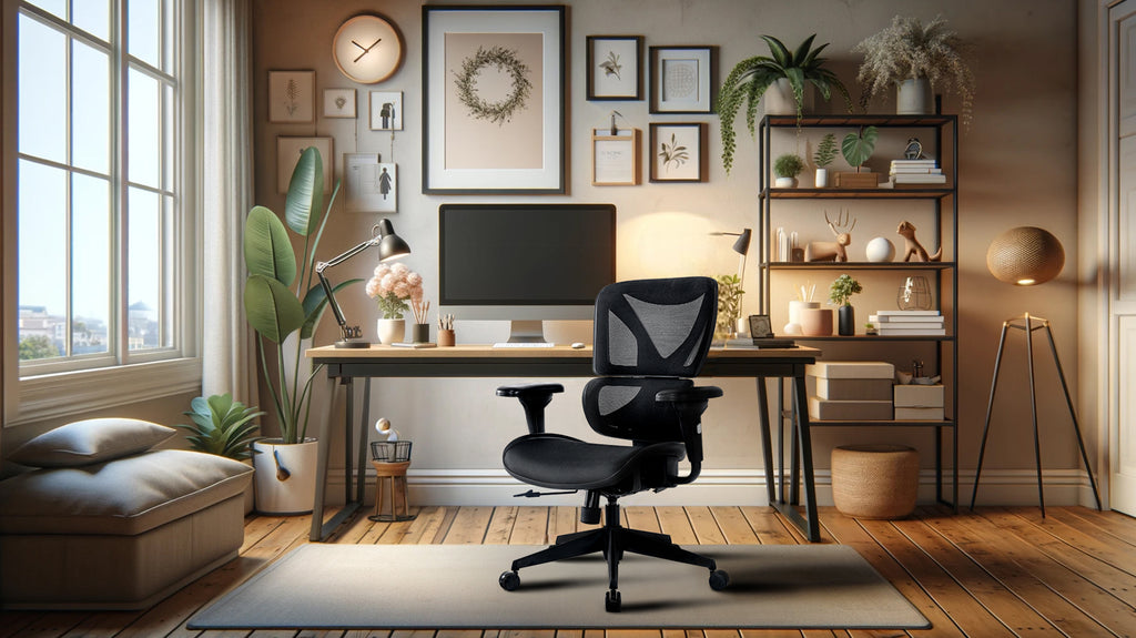 Ergonomic office chair in a stylish home office setup, promoting productivity and style.