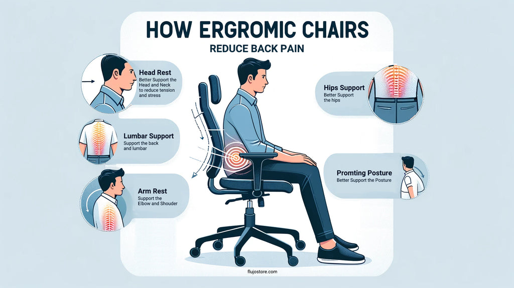 Illustrative guide on how ergonomic chairs reduce back pain with features like lumbar support and headrest.