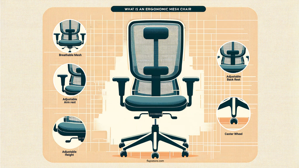 Infographic detailing the features of an ergonomic mesh chair, including adjustable armrest and backrest.