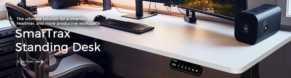 SmarTrax Standing Desk by Flujo in an elegant office setting with a scenic window view, featuring easy height adjustment for ergonomic work comfort.