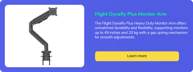 Flight Dynafly Plus Heavy Duty Monitor Arm advertisement, highlighting its capability to support large monitors with a gas spring mechanism