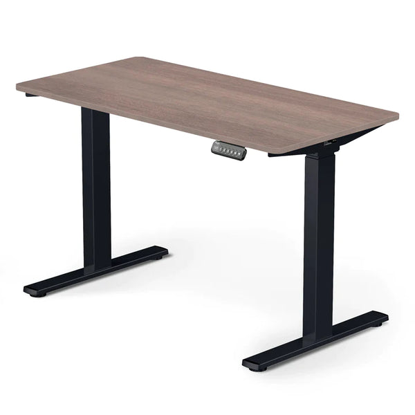 Flujo SmartAxle Height Adjustable Standing Desk - A sleek and modern Flujo SmartAxle standing desk with a smooth, walnut brown tabletop and sturdy black frame. The desk features an intuitive control panel for height adjustment, emphasizing a comfortable and ergonomic work environment in Singapore.