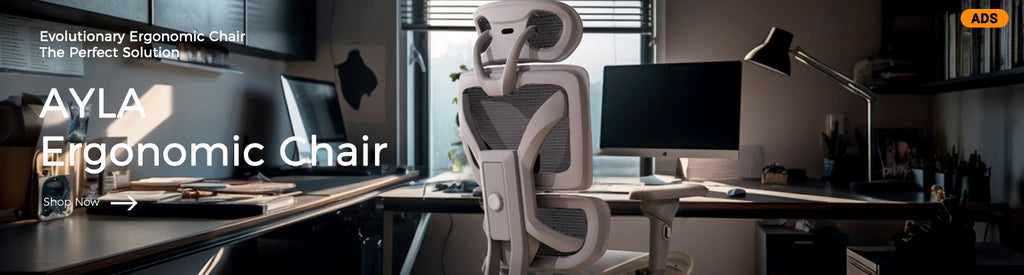 Ad for AYLA Ergonomic Chair with a focus on comfort for flexible working environments.