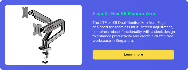 Flujo XTFlex S6 Dual Monitor Arm, showcasing its multi-screen adjustment capabilities and sleek design for Singaporean workspaces.