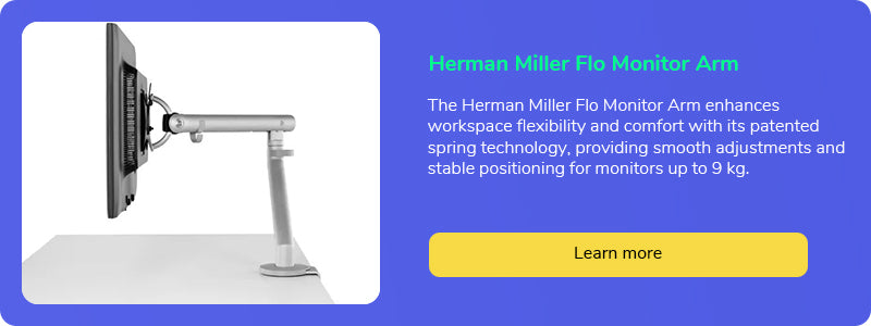 Herman Miller Flo Monitor Arm graphic, emphasizing enhanced workspace flexibility and patented spring technology for smooth adjustments