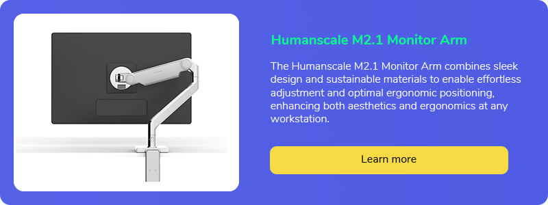 Humanscale M2.1 Monitor Arm showcase, combining sleek design with sustainable materials for effortless adjustment and ergonomic positioning.