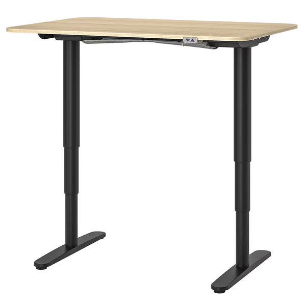 IKEA Height-Adjustable Standing Desk - A modern IKEA standing desk with a light wood finish tabletop and black frame, equipped for an ergonomic office setup in Singapore. The desk features an easy-to-use height adjustment mechanism, providing a comfortable working environment for both sitting and standing postures.