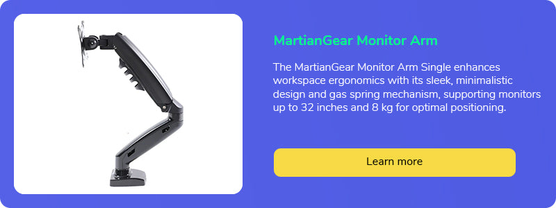 MartianGear Monitor Arm Single advert showing its gas spring mechanism for supporting monitors up to 32 inches and 8 kg
