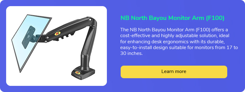 NB North Bayou Monitor Arm (F100) feature image, showcasing the arm's cost-effectiveness and adjustability for monitors between 17 to 30 inches.