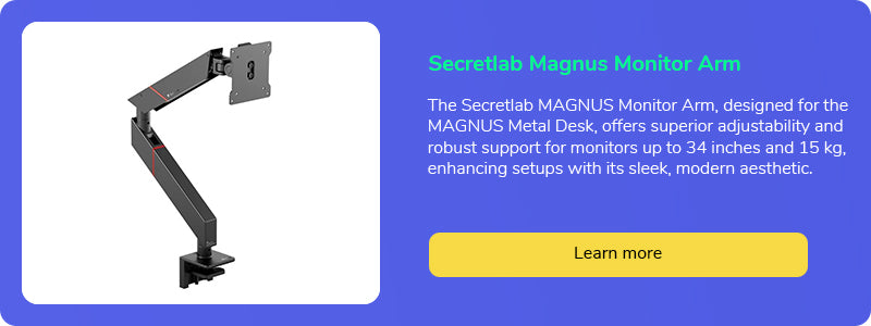 Secretlab MAGNUS Monitor Arm display, designed for MAGNUS Metal Desks, noted for its adjustability and modern aesthetic for larger monitors