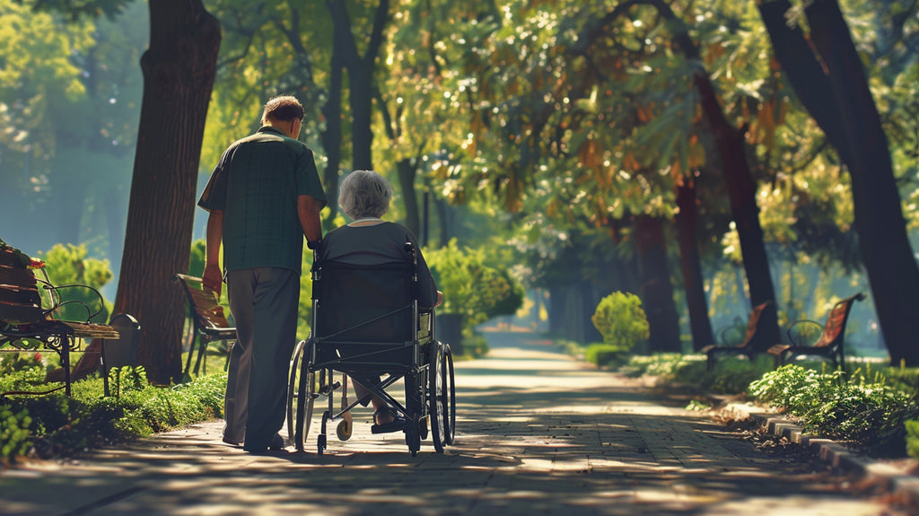 Senior couple in a serene park with the man pushing the woman in a wheelchair, showcasing work-life balance in Singapore.