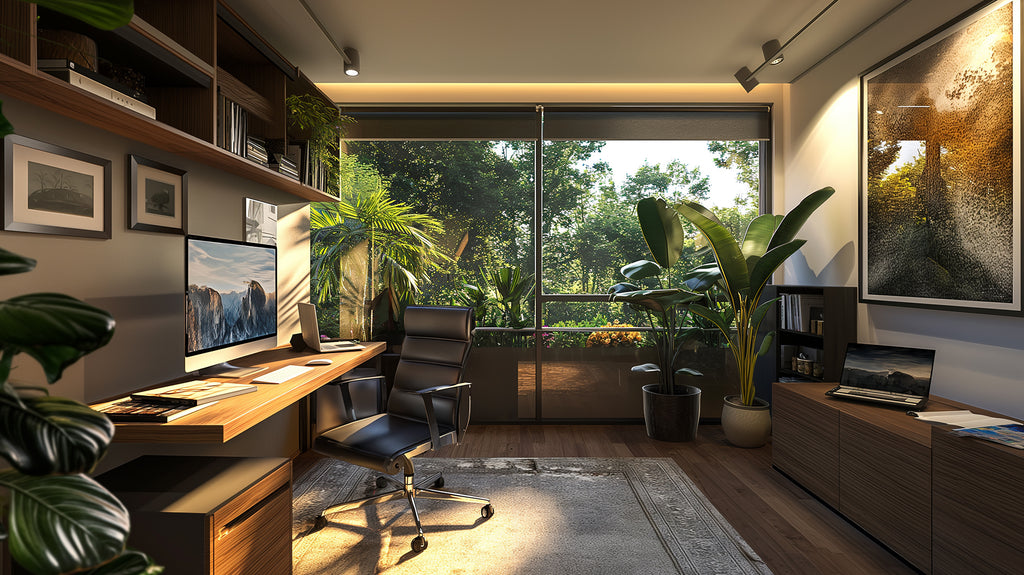 Luxurious home office with a view of lush greenery, ideal for flexible work arrangements in Singapore.