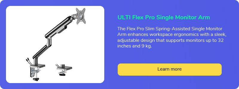 ULTI Flex Pro Slim Spring-Assisted Single Monitor Arm promotional image, emphasizing its sleek design and ergonomic benefits for up to 32-inch monitors